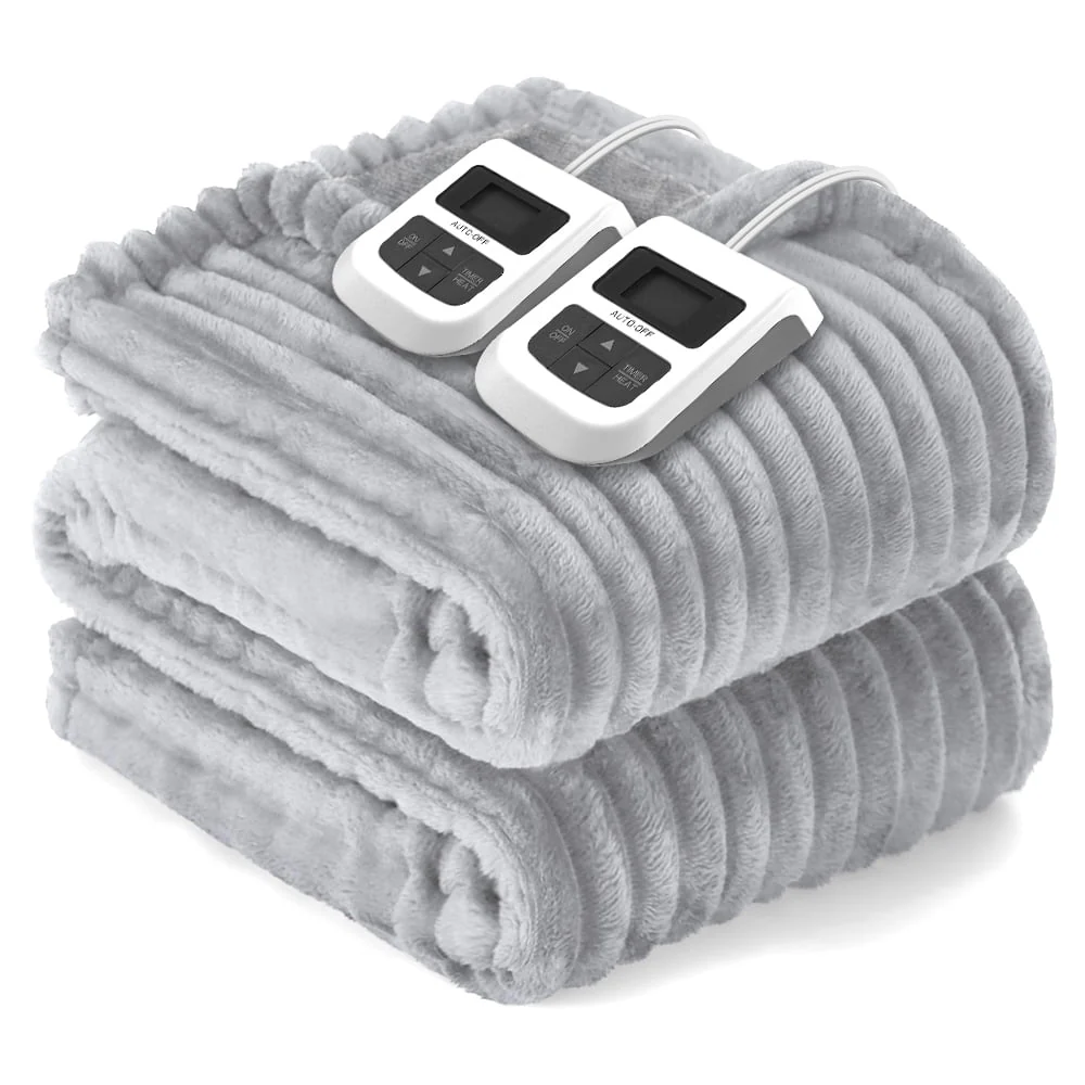 Heated Blanket Electric Queen Striped Flannel Blanket 84"x90" Electric Blanket with 6 Heat Settings 10 Hour Timer Auto Shut Off, Grey